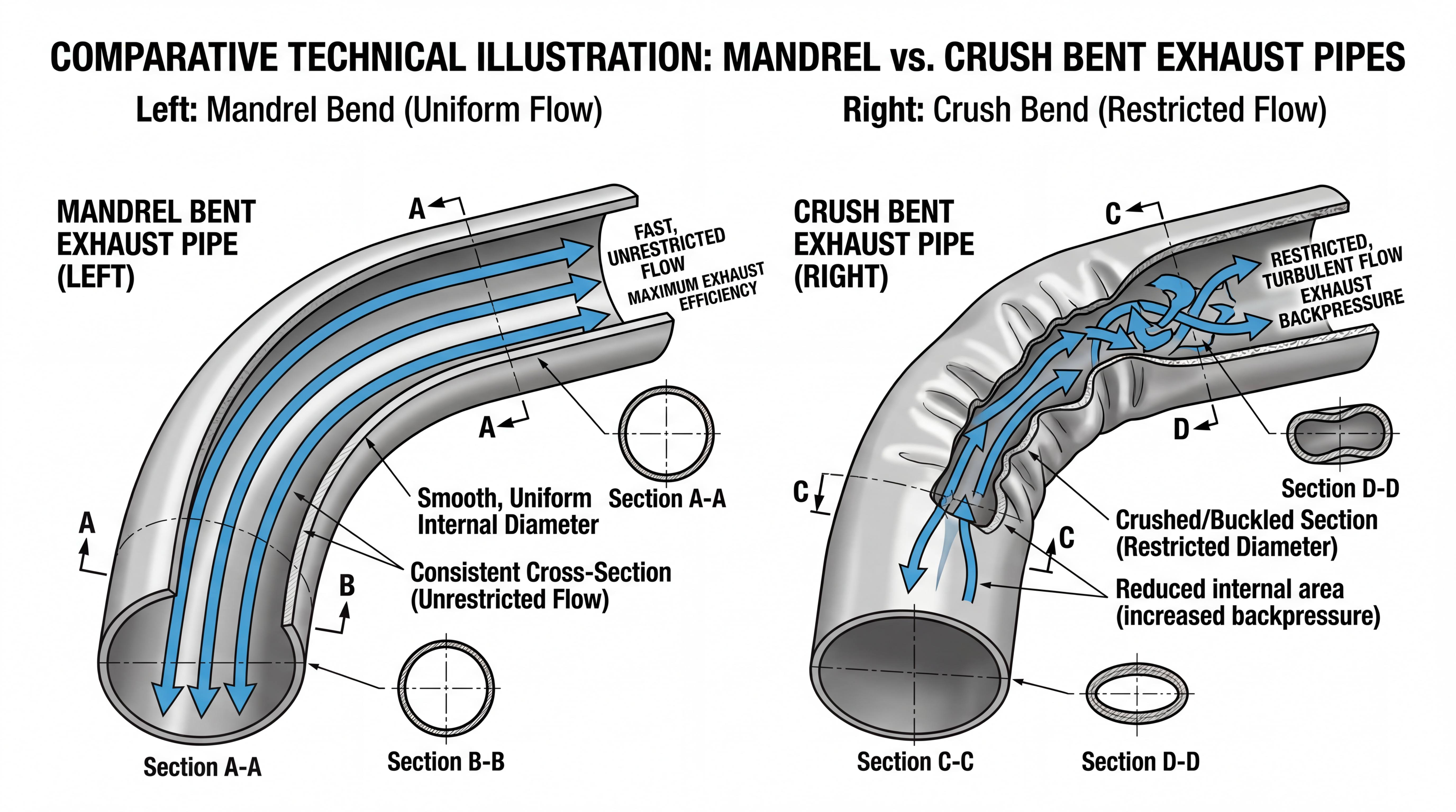 Technical diagram comparing mandrel bent exhaust pipe with uniform flow and crush bent exhaust pipe with restricted airflow
